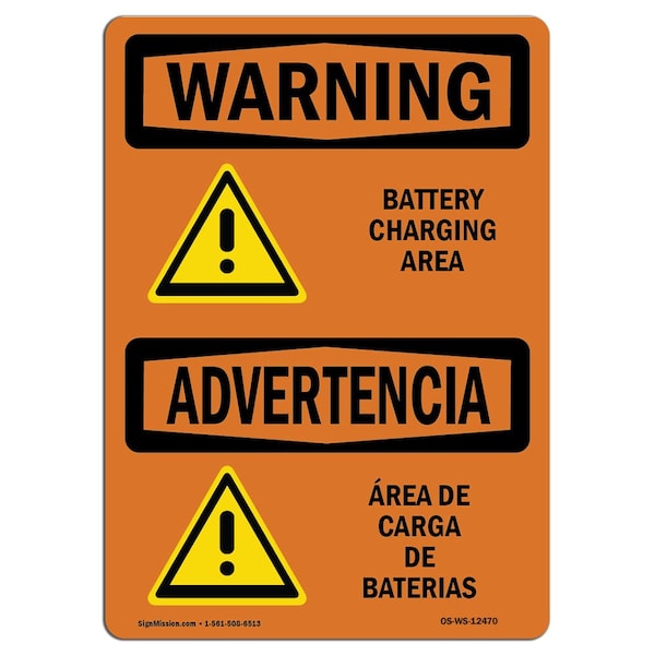 Safety Sign, OSHA WARNING, 7" Height, Aluminum, Battery Charging Area Bilingual, Landscape